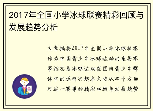 2017年全国小学冰球联赛精彩回顾与发展趋势分析