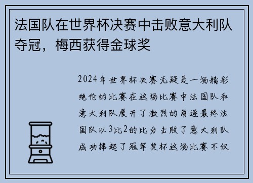 法国队在世界杯决赛中击败意大利队夺冠，梅西获得金球奖
