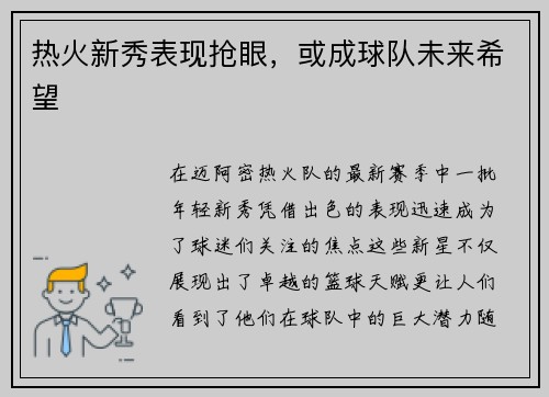 热火新秀表现抢眼，或成球队未来希望